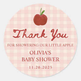 Pegatina Redonda Favor de Baby Shower de Cuadros Rojos Apple of Our