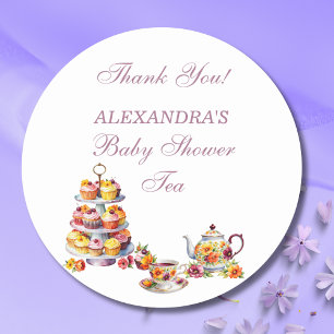 Pegatina Redonda Favor de Baby Shower de Fiesta de Té Floral Lila R