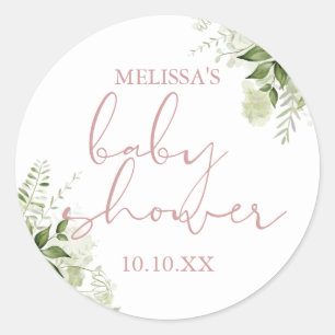 Pegatina Redonda Favor de baby shower de flora verde rosa polvorien