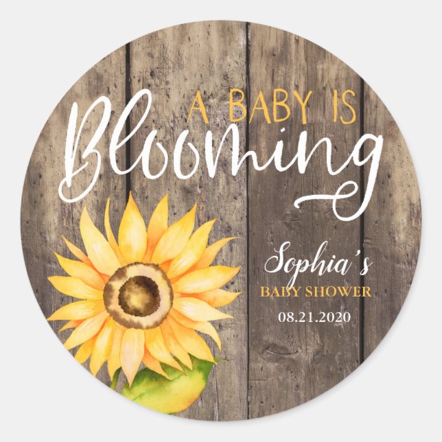 Pegatina Redonda Favor de Baby Shower de girasol amarillo rústico (Anverso)