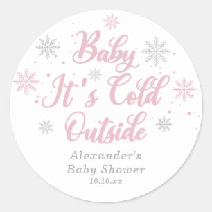 Pegatina Redonda Favor de Baby Shower de Invierno Mágico Rosa