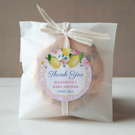 Pegatina Redonda Favor de Baby Shower de Limones Rosa Blanco Gracia