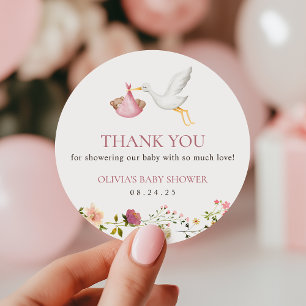 Pegatina Redonda Favor de Baby Shower de Niña Floral Rosa Entrega d