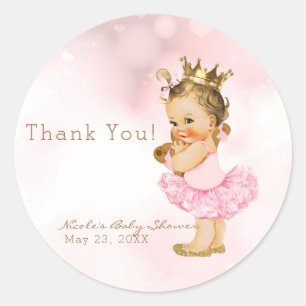 Pegatina Redonda Favor de Baby Shower de Niña Vintage Princesa Rosa