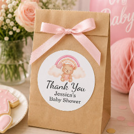 Pegatina Redonda Favor de Baby Shower de Osito de Peluche Arcoíris 