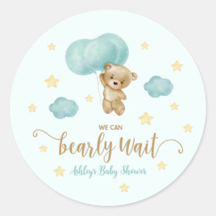 Pegatina Redonda Favor de Baby Shower de Oso de Peluche y Globos Az