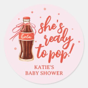 Pegatina Redonda Favor de Baby Shower de Soda Retro 'Está Lista par