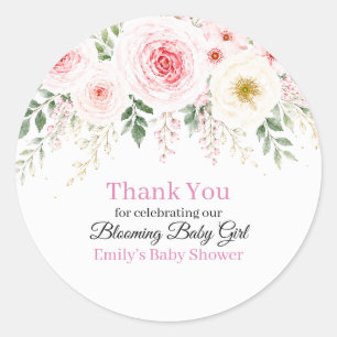 Pegatina Redonda Favor de Baby Shower Floral Niña en Flor