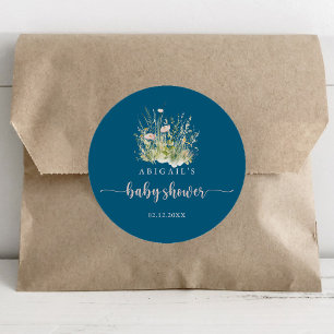 Pegatina Redonda Favor de baby shower Greenery Boho Wildflower Navy