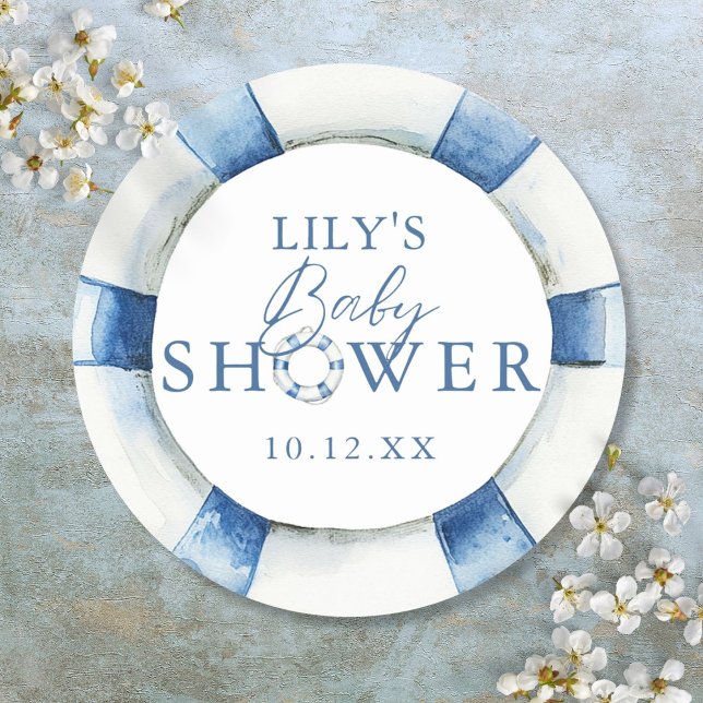 Pegatina Redonda Favor de baby shower lindo y náutico con salvavida (Cute Nautical Ocean Lifebuoy Baby Shower Favor Classic Round Sticker)