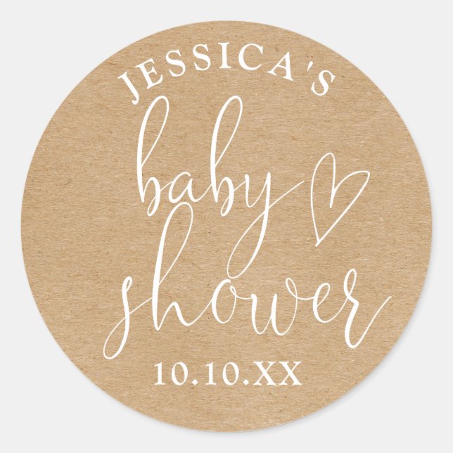 Pegatina Redonda Favor de Baby Shower neutral de Kraft ruso boho (Anverso)