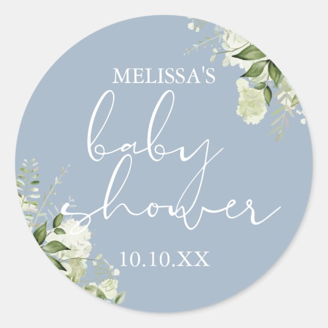 Pegatina Redonda Favor de baby shower niño polvo azul flor floral v (Anverso)