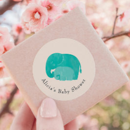 Pegatina Redonda Favor de Baby Shower para Madres y Calf Elephant