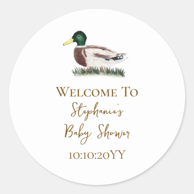 Pegatina Redonda Favor de bienvenida de Baby Shower Mallard Duck (Anverso)