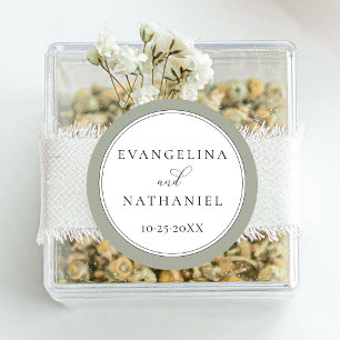 Pegatina Redonda Favor de Boda Clásico Elegante Blanco Verde Script