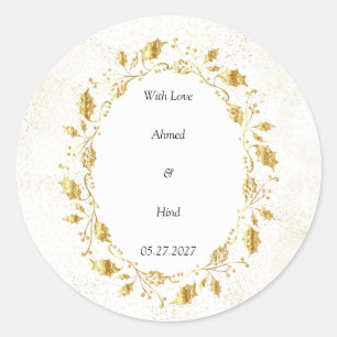 Pegatina Redonda Favor de boda clásico hoja de follaje dorado elega