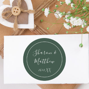 Pegatina Redonda Favor de Boda con Letra Caligráfica Verde Esmerald