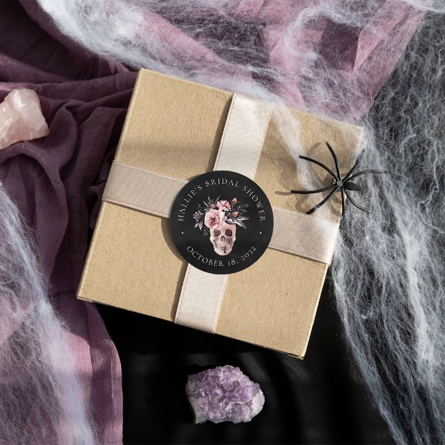 Pegatina Redonda Favor de boda con tema de cráneo floral para Hallo (Subido por el creador)