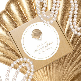 Pegatina Redonda Favor de boda costero personalizado con concha de