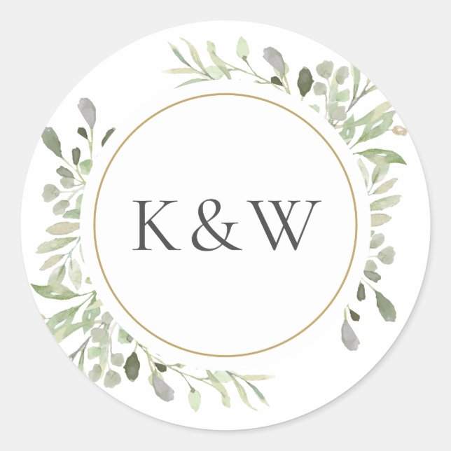 Pegatina Redonda Favor de boda de acuarela Greenery Monogram (Anverso)