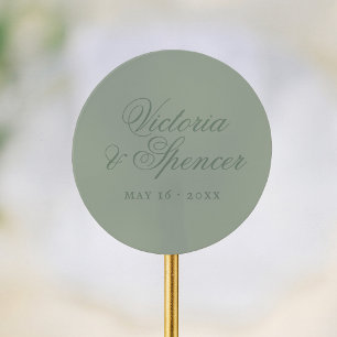 Pegatina Redonda Favor de boda de caligrafía vintage en verde salvi