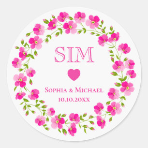 Pegatina Redonda Favor de boda de corona floral rosa elegante con m