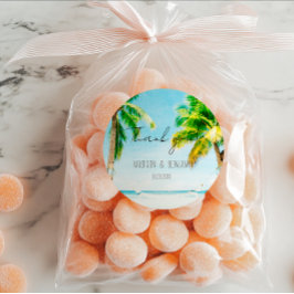 Pegatina Redonda Favor de Boda de Destino Tropical Retro Beach