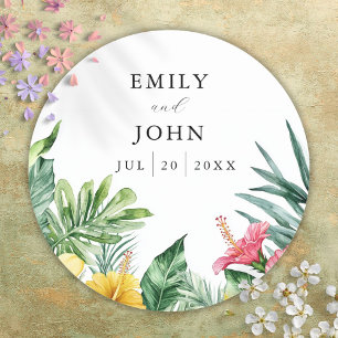 Pegatina Redonda Favor de boda de flores tropicales de acuarela ele