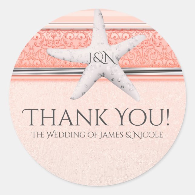 Pegatina Redonda Favor de boda de playa con estrella de mar naranja (Anverso)