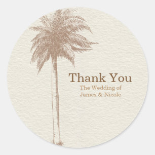 Pegatina Redonda Favor de boda de playa con palmera marrón vintage