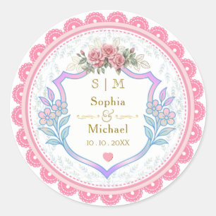 Pegatina Redonda Favor de boda de rosa floral rosa vintage moderno