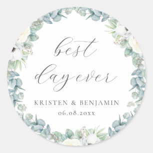 Pegatina Redonda Favor de boda elegante Boho blanco floral verde