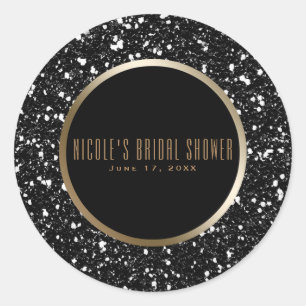 Pegatina Redonda Favor de boda elegante con brillo dorado y negro