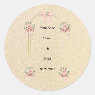 Pegatina Redonda Favor de boda elegante perla floral rosa con arco 