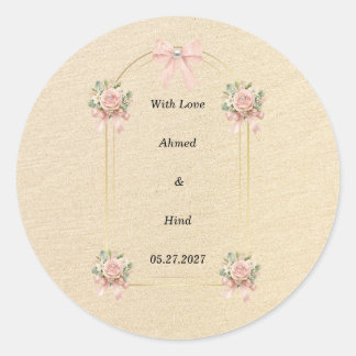 Pegatina Redonda Favor de boda elegante perla floral rosa con arco
