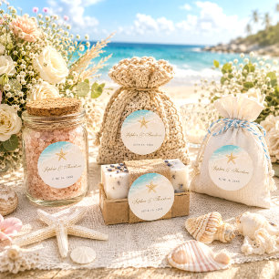 Pegatina Redonda Favor de boda Estrella de Mar del Océano Azul Eleg