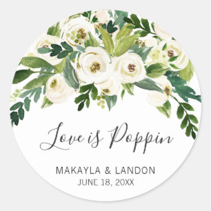 Pegatina Redonda Favor de boda floral blanco elegante con Love Is P