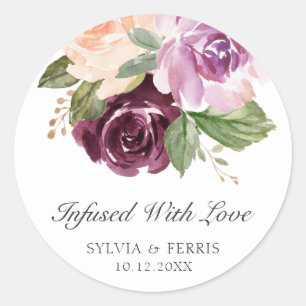 Pegatina Redonda Favor de Boda Floral Moody Plum Infundido con Amor