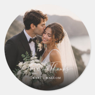 Pegatina Redonda Favor de Boda Foto Elegante de Amor y Gratitud