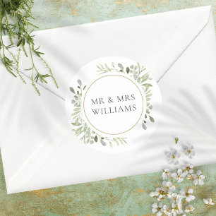 Pegatina Redonda Favor de boda Hojas de VERDE SEÑOR Y SEÑORA