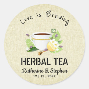 Pegatina Redonda Favor de Boda Love Is Brewing Tea