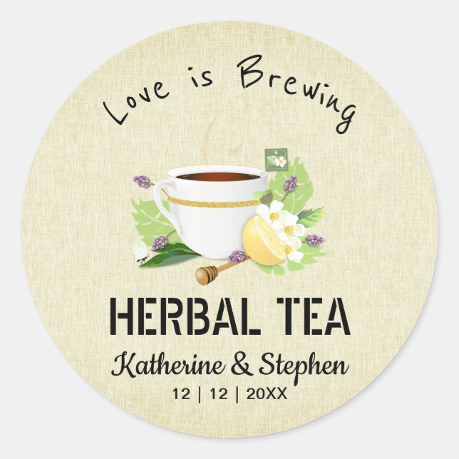 Pegatina Redonda Favor de Boda Love Is Brewing Tea (Anverso)