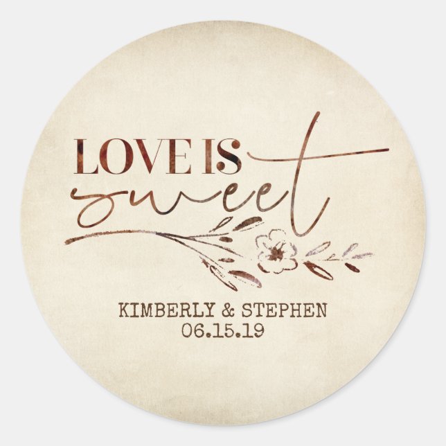 Pegatina Redonda Favor de boda Love is Sweet (Anverso)