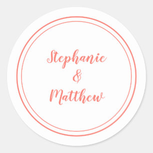 Pegatina Redonda Favor de boda Minimalista Coral Blanco Novia Novio