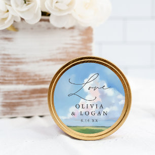 Pegatina Redonda Favor de Boda Paisaje Pintado Cielo Azul Nube