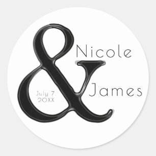 Pegatina Redonda Favor de boda personalizado Black & White Ampersan