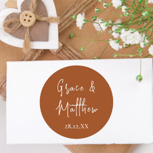 Pegatina Redonda Favor de Boda Personalizado con Nombre en Terracot