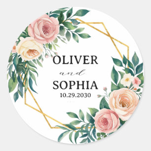 Pegatina Redonda Favor de Boda Personalizado Corona Floral Dorada