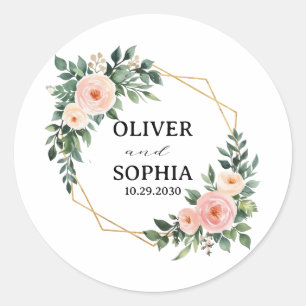 Pegatina Redonda Favor de Boda Personalizado Corona Floral Dorada