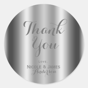 Pegatina Redonda Favor de Boda Personalizado Plateado Brillante Gla